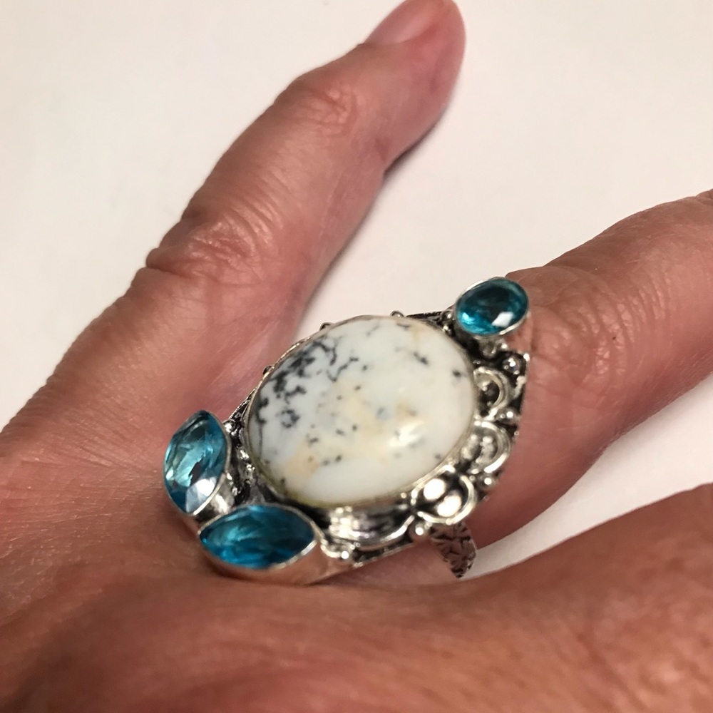 Dendritic Opal Blue Topaz 925 Stamped Sterling Silver Ring